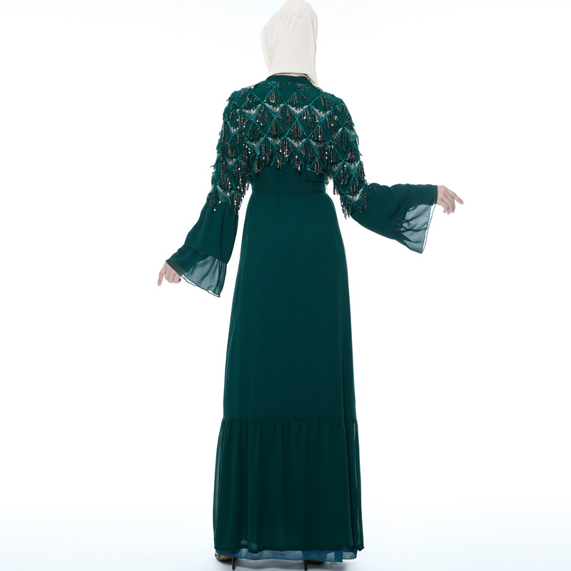 Islamic Sequin Tassel Chiffon Outer Flared Sleeve Female Muslim Long Skirt Open Kimono