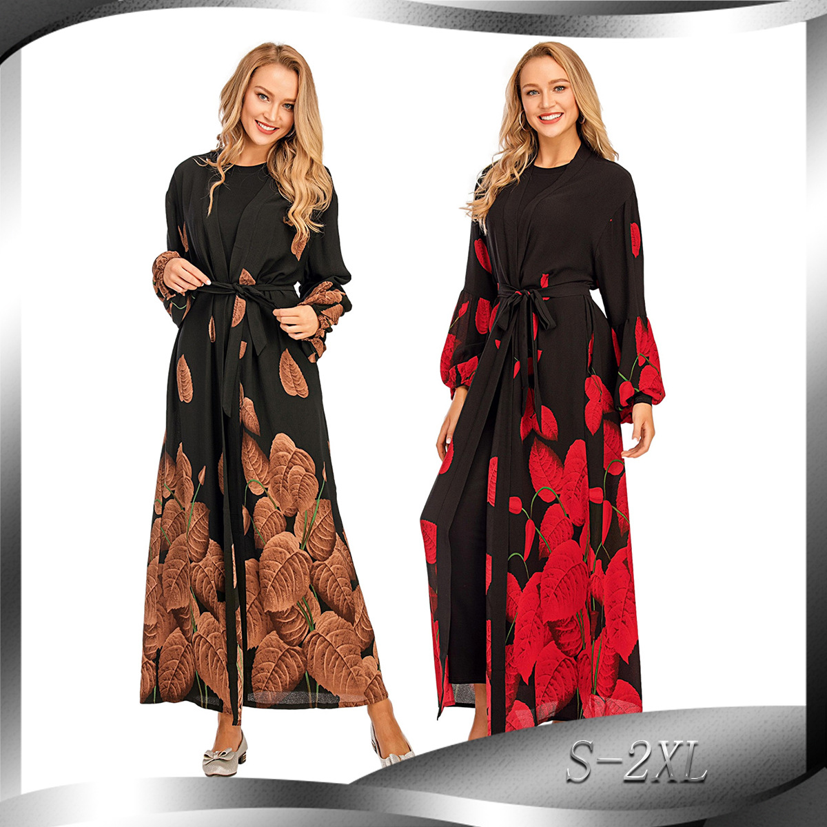 New Middle Eastern Arab Fashion Print Lantern Sleeve Cardigan Robe Muslim Abaya