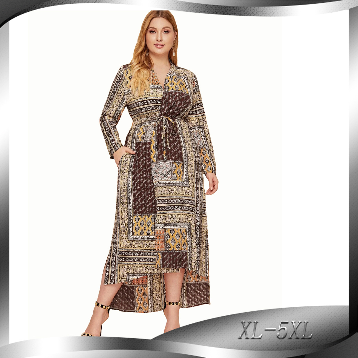 Muslim Arab Fashion Hui Long Coat Loose Large Size Paris Bead Retro Long Sleeve Robe