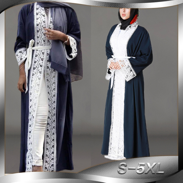 Hot Selling Hot Style Stitching Lace Fashion European And American Muslim Women's Robe Fashion Long-sleeved Loose Big Swing Dress