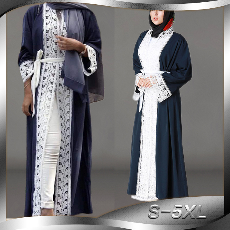 Hot Selling Hot Style Stitching Lace Fashion European And American Muslim Women's Robe Fashion Long-sleeved Loose Big Swing Dress