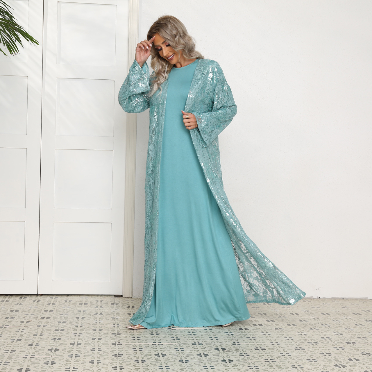 2022 Muslim Fashion Muslim Elegant Sequins Loose Large Size Lightweight See-through Blue Middle East Jacket