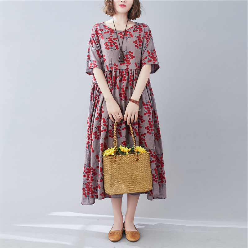2022 Summer Check Pattern Plus Size Women's Retro Ethnic Style Clothes Casual Cotton Loose Big Swing Dress Long Skirt