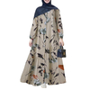 2022 Muslim Cotton and Linen Printed Round Neck Button Bubble Long Sleeve Elastic Cuffs Fashion Loose Casual Dress