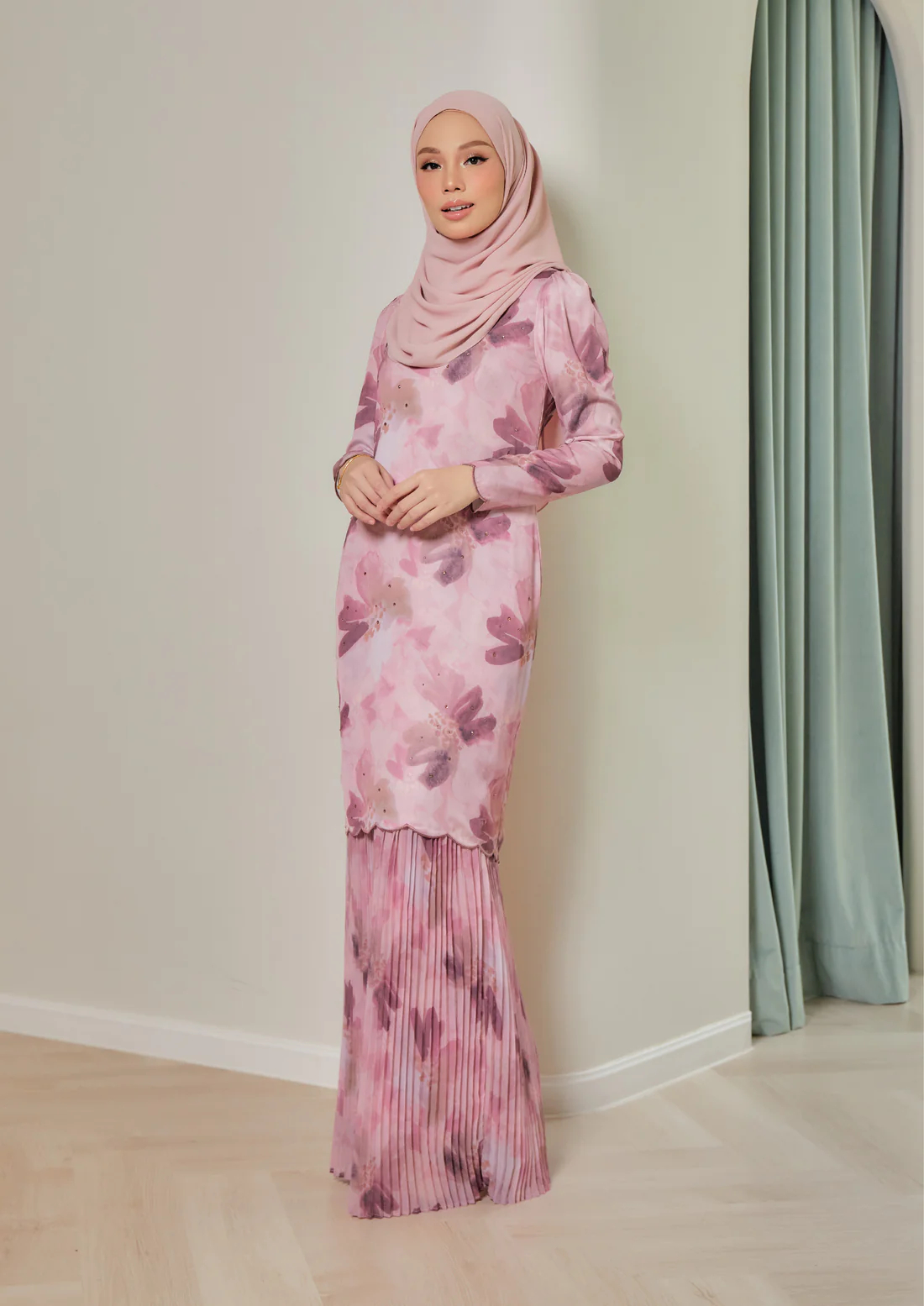 SIPO Eid New Design Malaysia Style Premium Satin Matte Baju Kurung Modern Cutting with Diamond Stone Detailing Muslimah Perempuan Dress Fashion Floral Printing Modern Kurung 