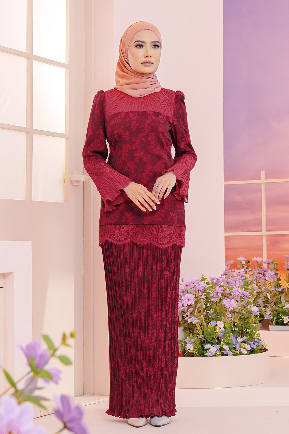 SIPO New Arrival Lace Mini Malaysia Baju Kurung with Pleated Collar And Pleated Dress for Women 