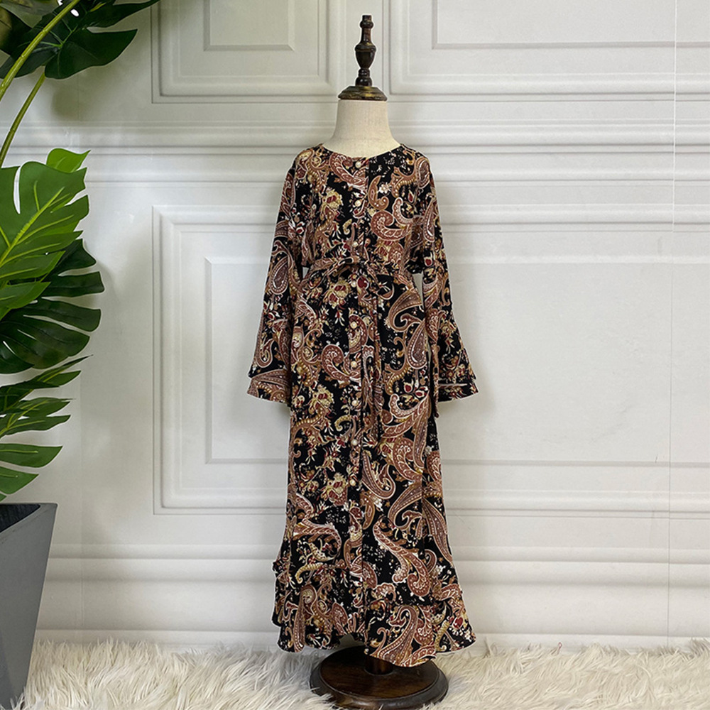 Button Ethnic Digital Printing Kid Child Modest Muslim Islamic Abaya Maxi Dress (8)