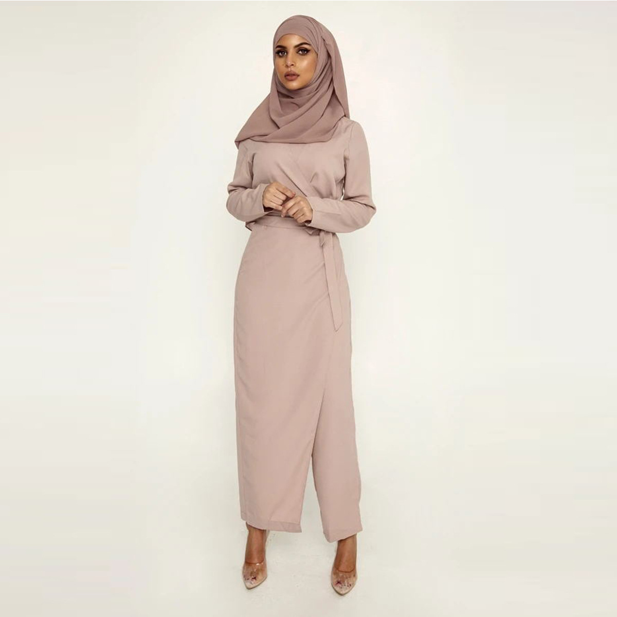 Solid Color V-Neck Stitching One-Piece Wide-Leg Pants Muslim Islamic Suit Jumpsuit