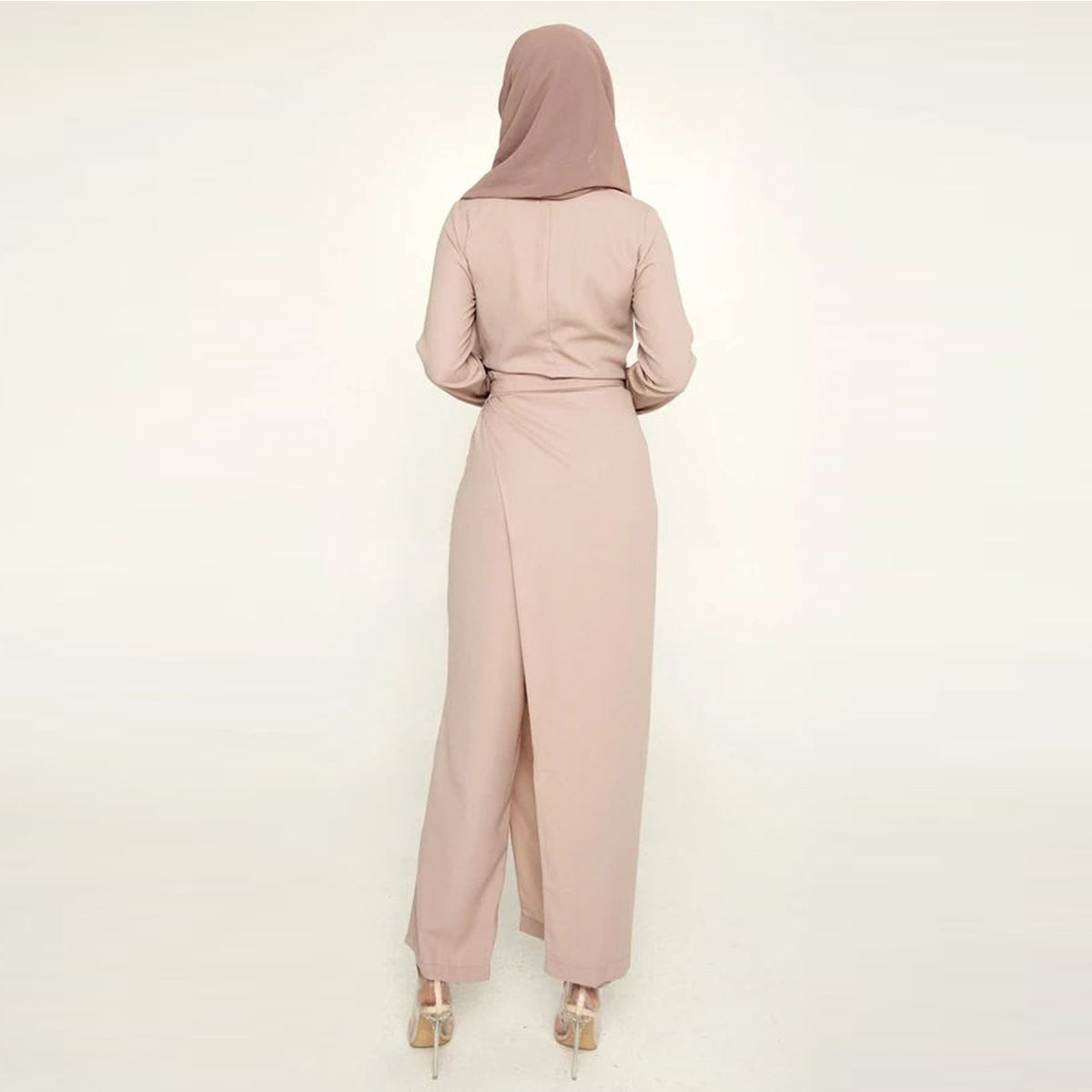 Solid Color V-Neck Stitching One-Piece Wide-Leg Pants Muslim Islamic Suit Jumpsuit (9)