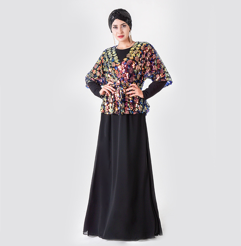 Sequined Embroidered Chiffon Elastic Waist Dress Long Sleeves Muslim Islamic Abaya (9)