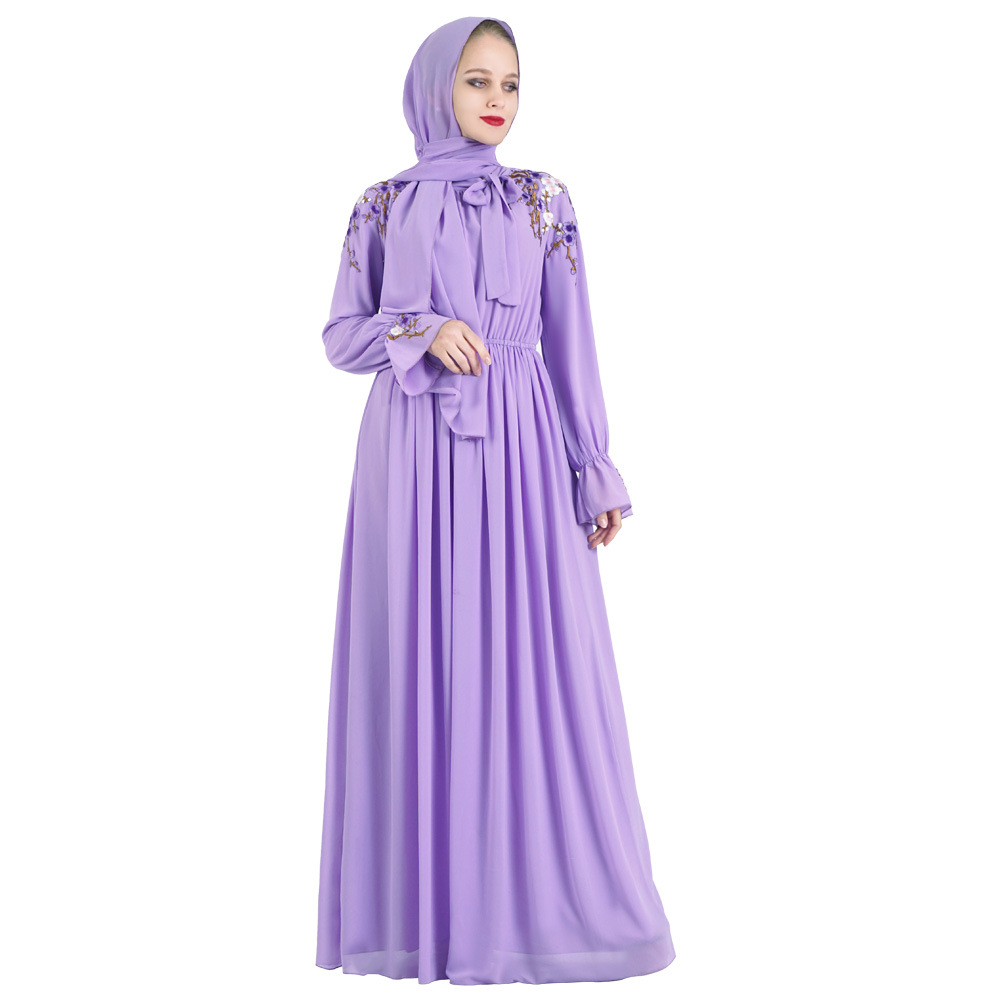 Purple Elastic Waist Abaya Design Hijab Dresses Islamic Clothing For Party (9)
