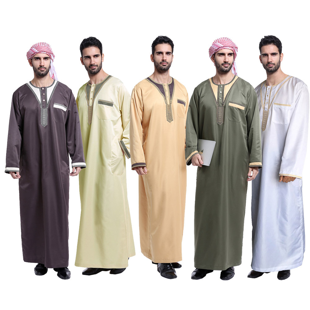 Traditional Summer Long Sleeve Muslim Islamic Clothing Robe Arab Thobes Men Daily Wear
