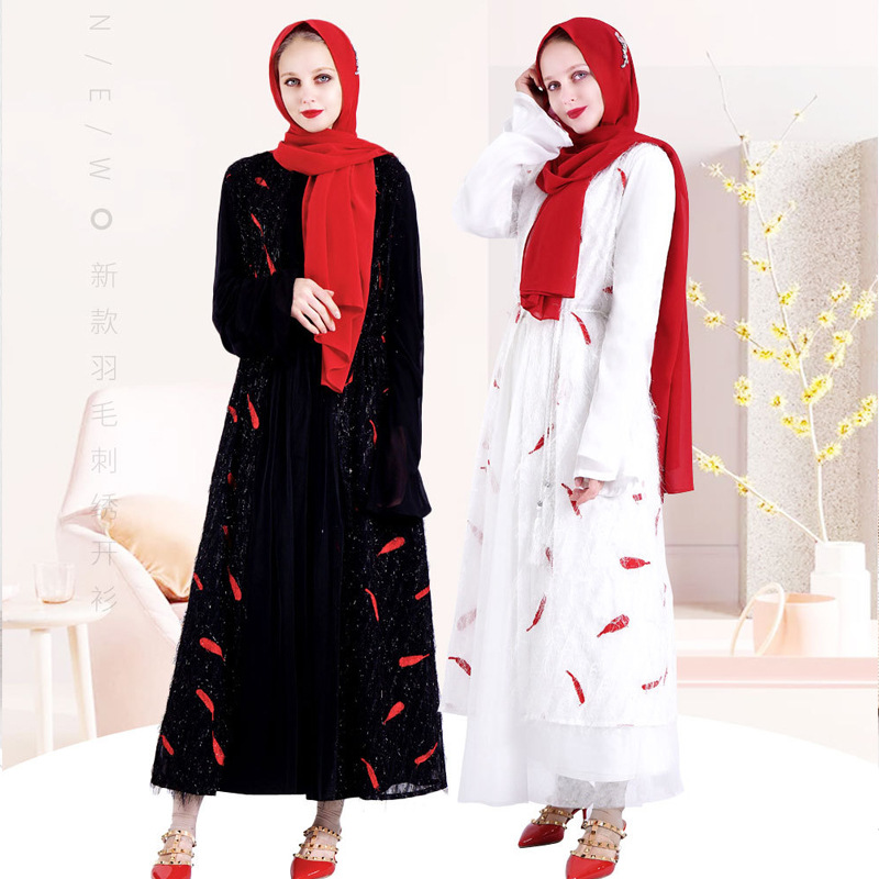 2021 Embroider Pearl Chiffon Open Abaya Muslim Malaysia Islamic Clothing