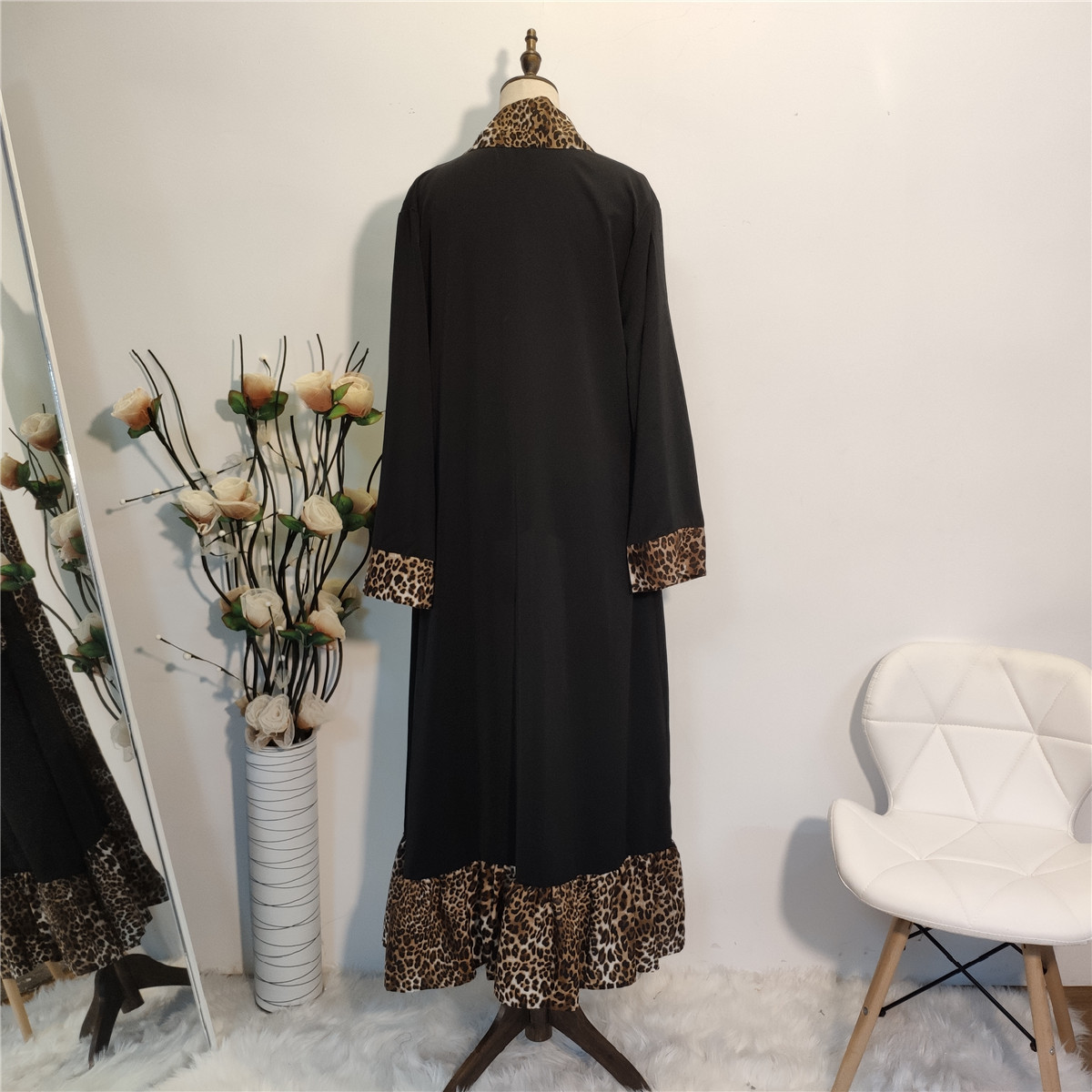 2021 New Womens Leopard Print Stitching Fashion Cardigan Open Abaya Kimono (5)