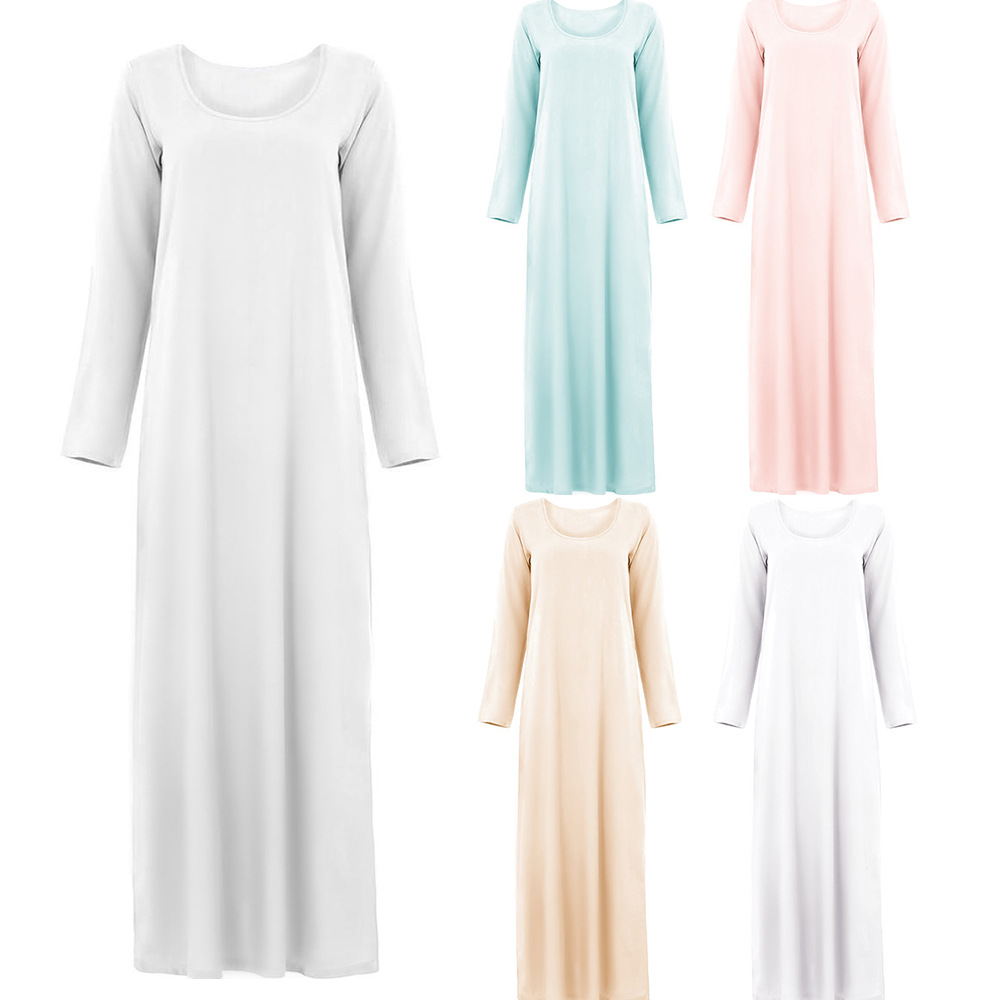 Basic Long-sleeved Inner Dress Cotton Solid Color Modest Abaya Maxi Dress
