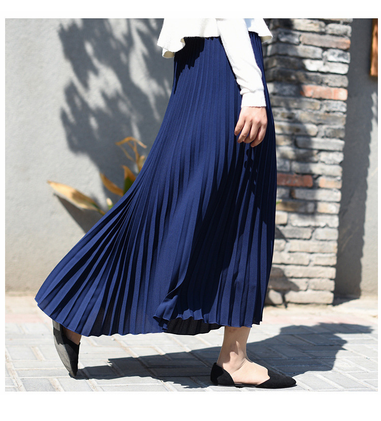 Casual Pure Solid Color Chiffon Elastic Waist Long Pleated Dress Muslim Islamic Skirt (12)