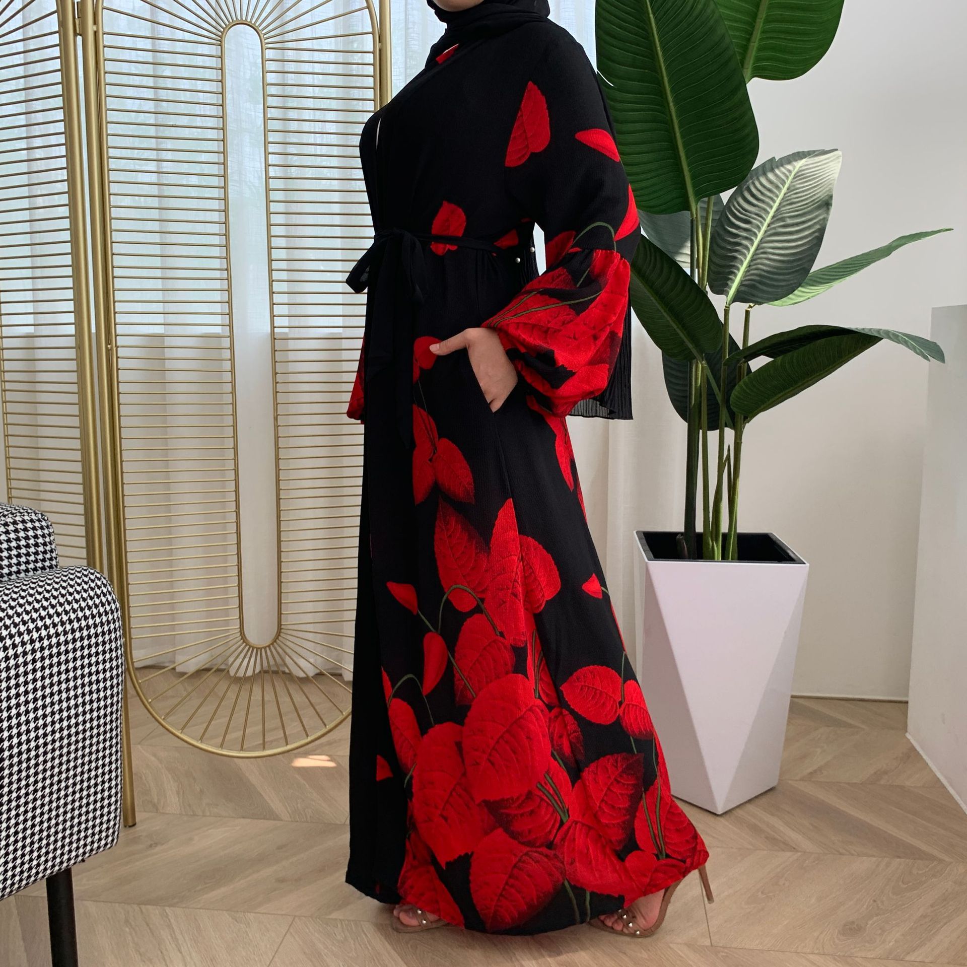 Middle Eastern Arab Print Lantern Sleeve Cardigan Muslim Modest Open Abaya (8)