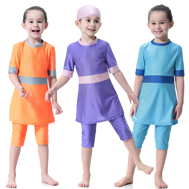 Kids Cuff Waist And Neckline Color Stitching Design Three-Piece Islamic Muslim Swimsuit Swimwear