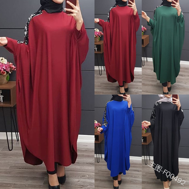FREE SHIPPING Dubai Pure Color Prayer Dress Long Sleeve Islamic Clothing Maxi Dresses Muslim Women Kaftan With Sequins