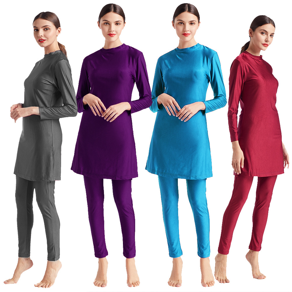 Slim Swimsuit Three-piece Conservative Large Size Pure Color Muslim Swimsuit (3)