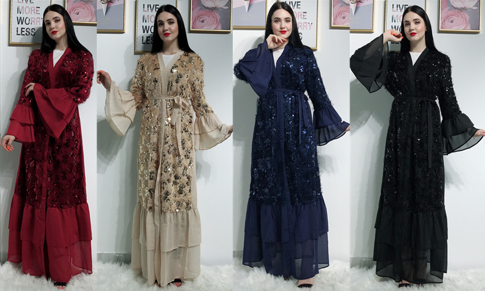 Middle East Sequin Flare Sleeve Modest Open Abaya Kimono