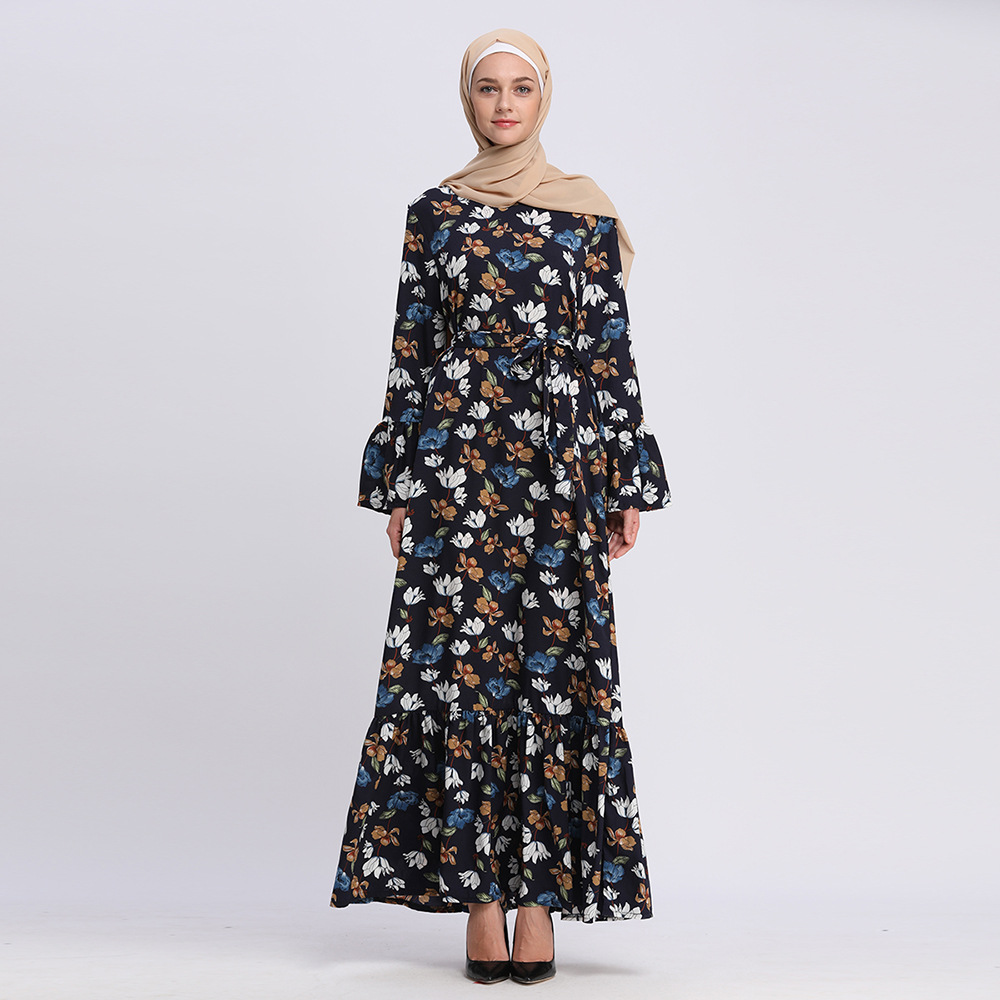 Pleated Black Dubai Flower Latest Design Casual Elegant Islamic Clothing Muslim Maxi Dresses