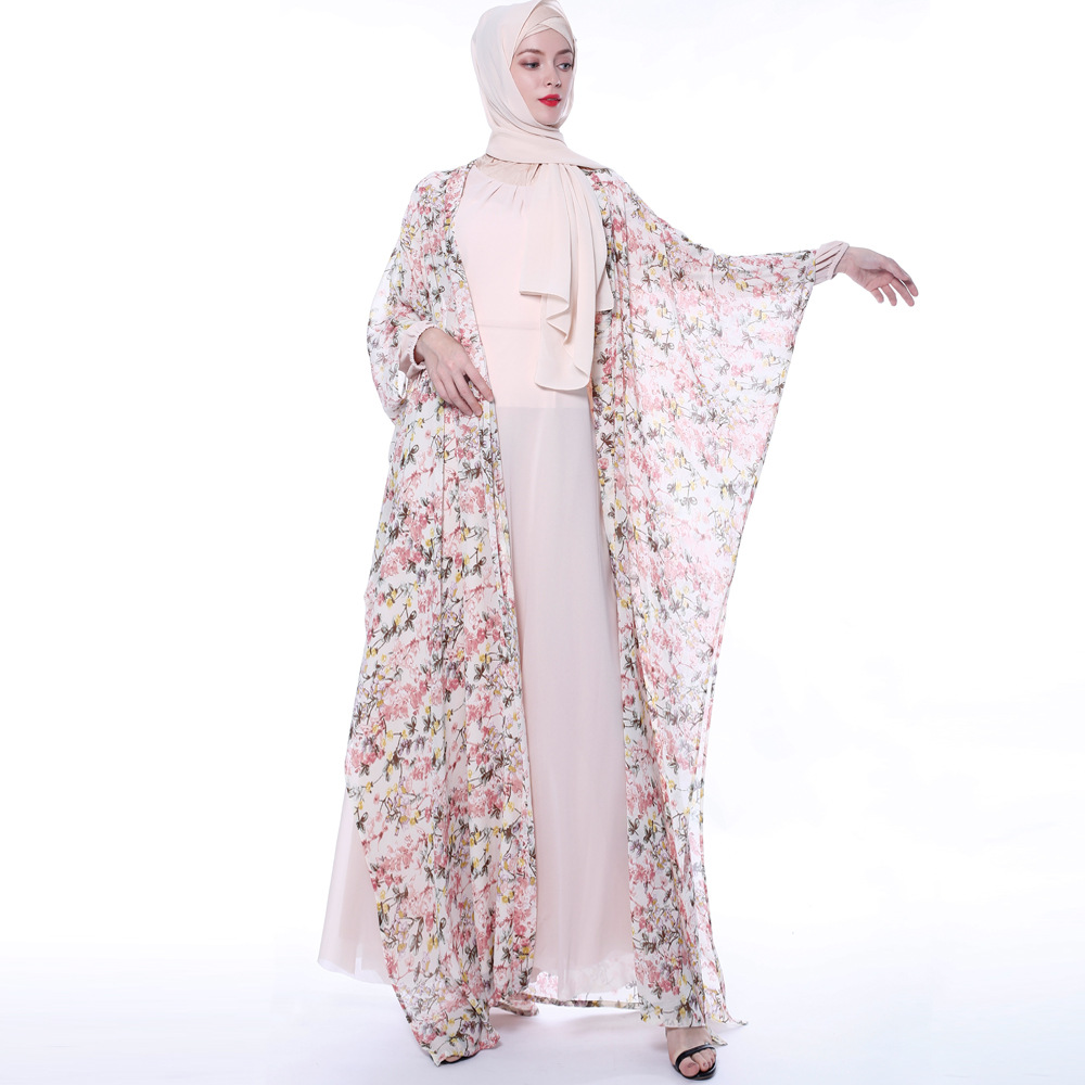 Elegant Printed Chiffon Cardigan Muslim Women's Wear Muslim Open Kimono