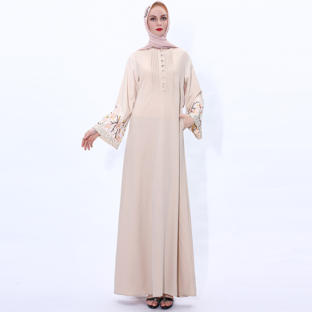 2021 Embroidered Trumpet Sleeve Dress Modest Retro A-line Slim Muslim Abaya (7)