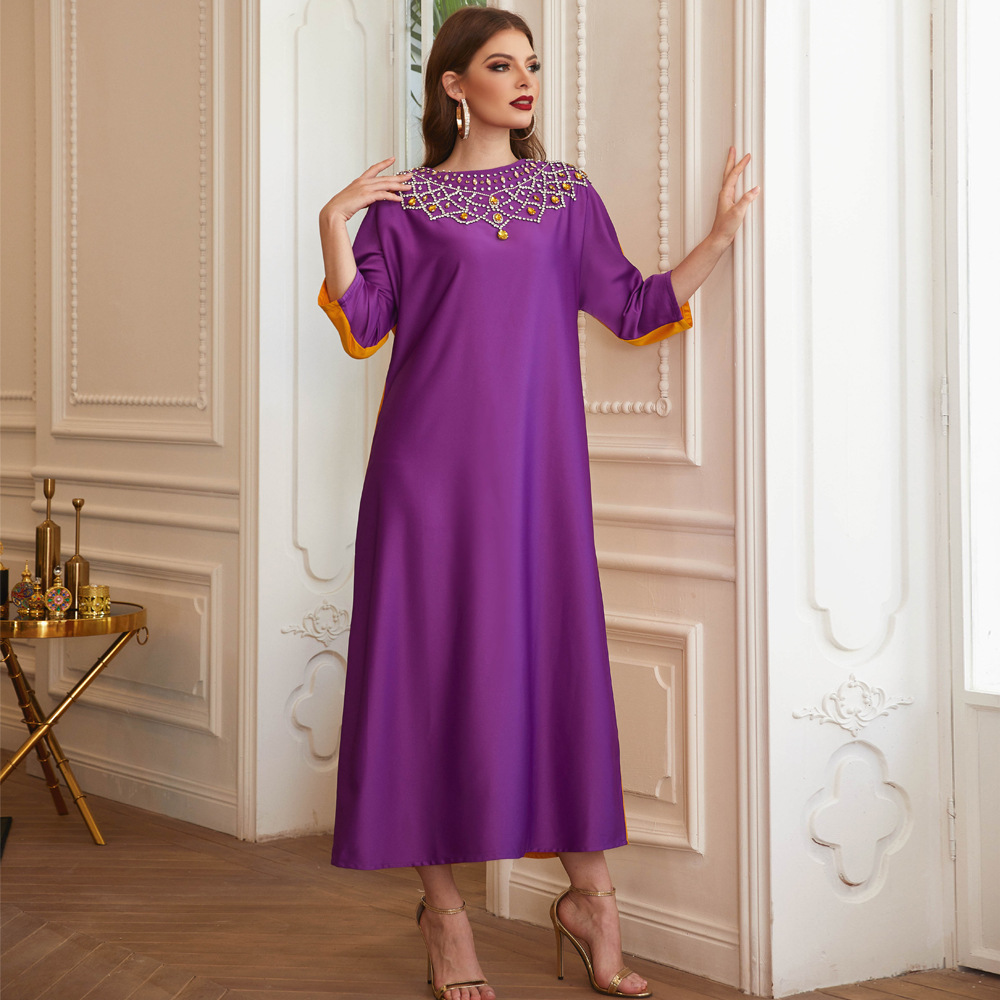 Middle East Contrast Color Beading Ankle Length Muslim Islamic Abaya