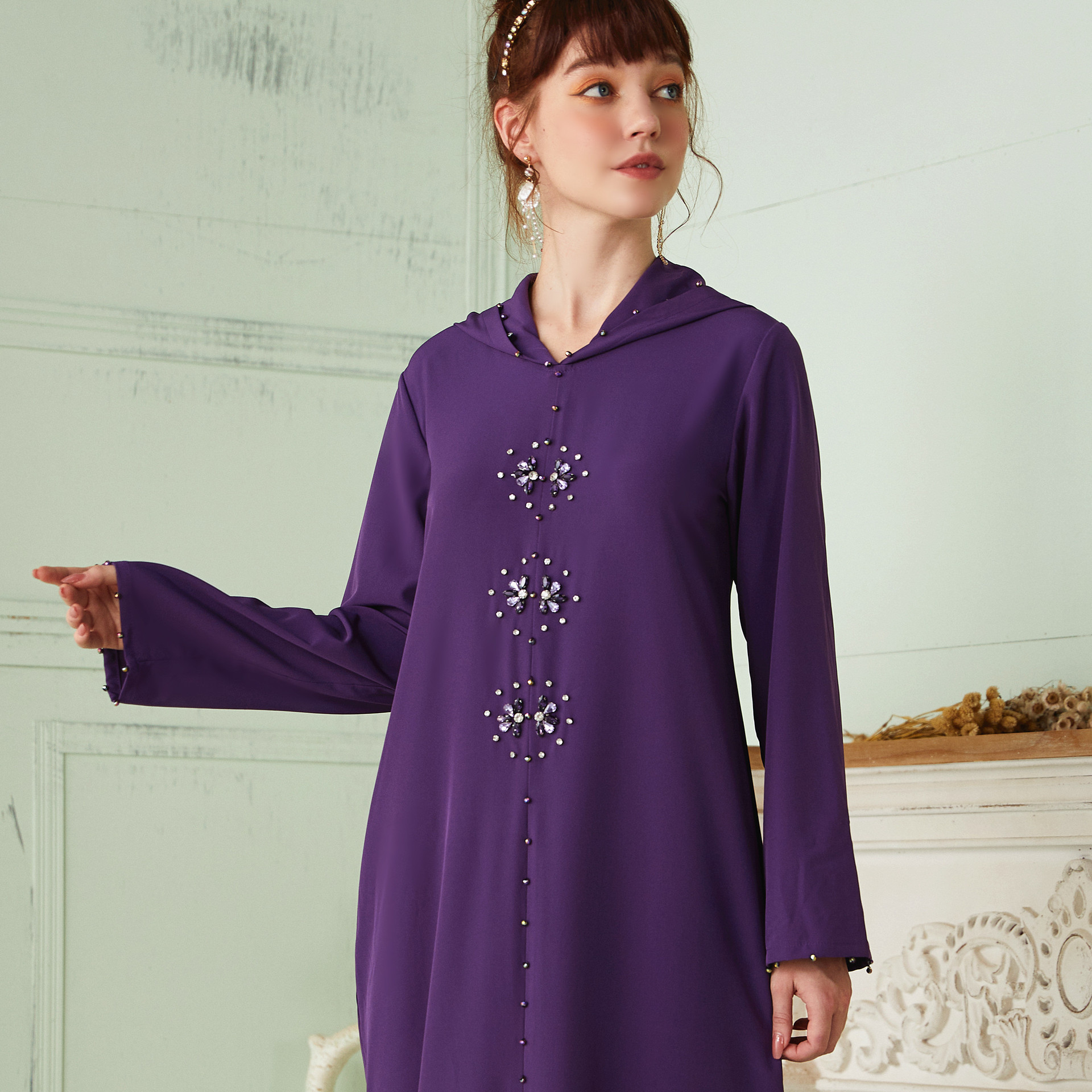 Ethnic Morocco Beading Hooded Muslim Islamic Abaya Gown Maxi Dress (7)
