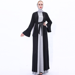 Maxi Dresses Pleated Flared Sleeves Stitching Muslim Modest Women's Laces Kimono