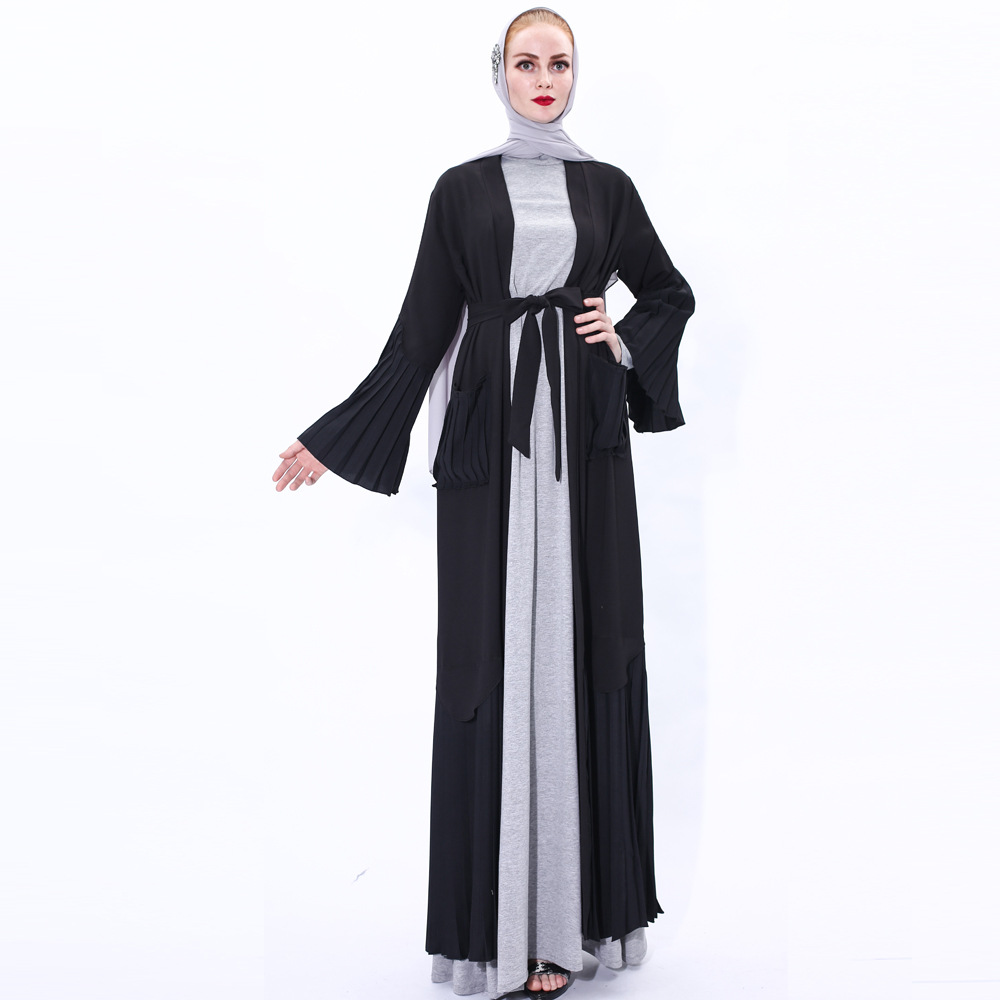 Maxi Dresses Pleated Flared Sleeves Stitching Muslim Modest Women's Laces Kimono