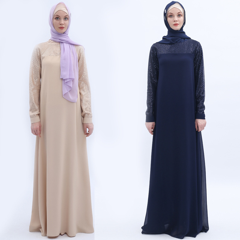 Wholesaler Sequins Match Sleeve Muslim Islamic Abaya Maxi Dress
