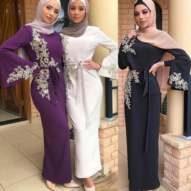 RTS Beading Embroidery Waist Tie Muslim Islamic Abaya Maxi Dress