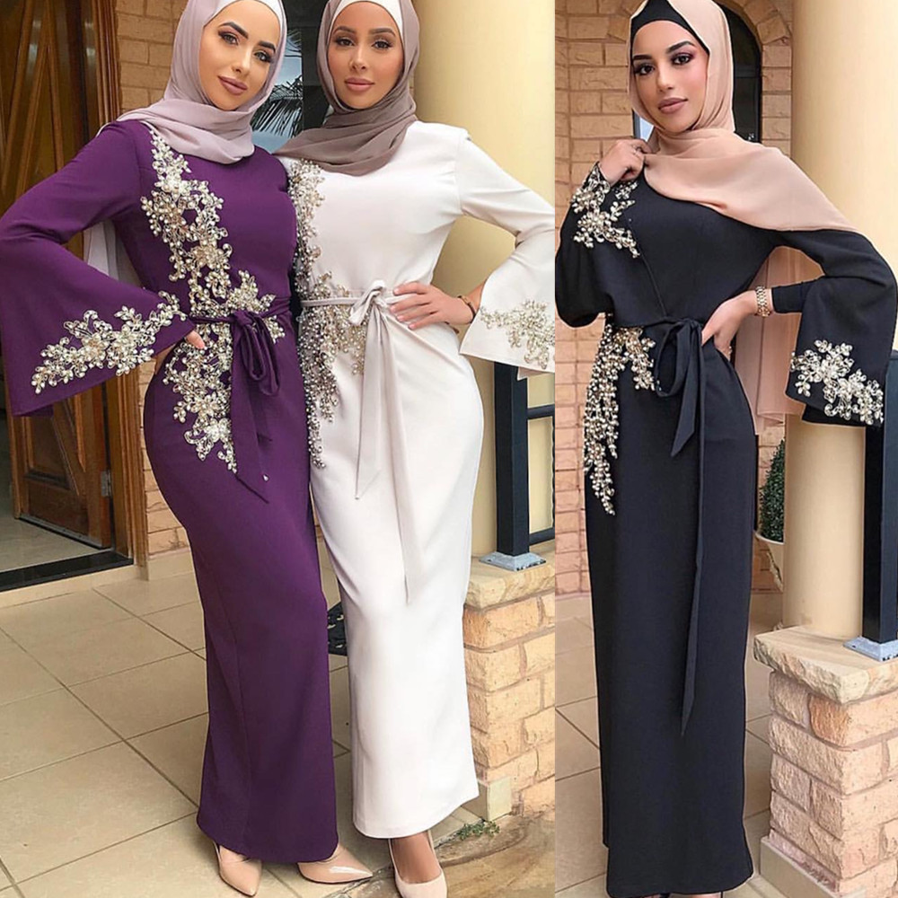 RTS Beading Embroidery Waist Tie Muslim Islamic Abaya Maxi Dress
