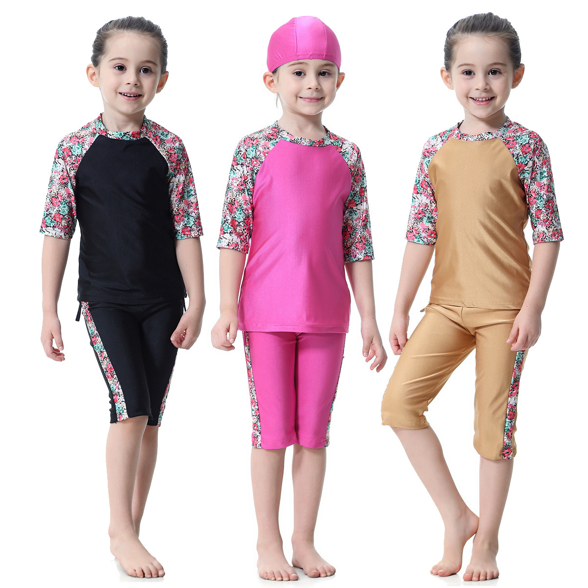 Kids Conservative Split Swimsuit Floral Sleeve Three-Piece Islamic Muslim Swimsuit Swimwear