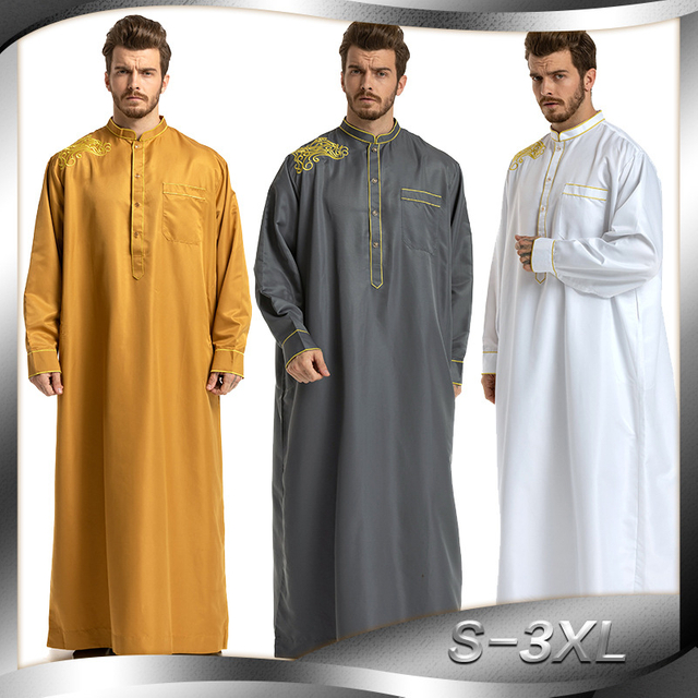 Middle East Embroidery Full Length Modest Round Collar Muslim Man Thobe