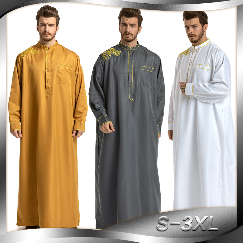 Middle East Embroidery Full Length Modest Round Collar Muslim Man Thobe