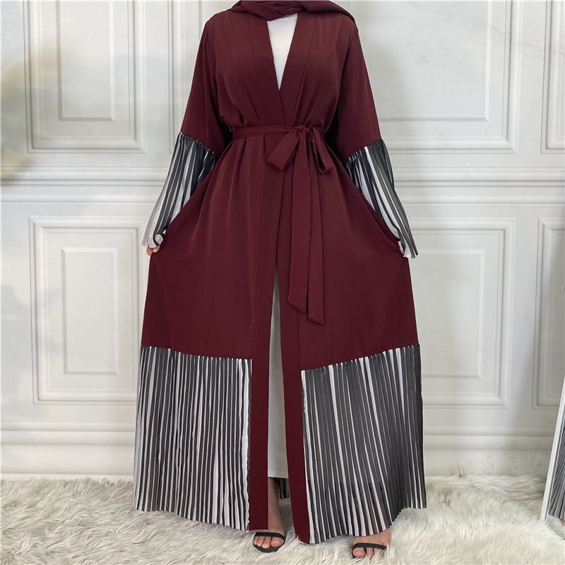Hot Sale Middle East Muslim Long-sleeved Stitching Pleated Big Swing Robe Female Arab Long Cardigan