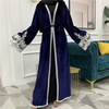 2022 Middle Eastern Muslim Fashion Women's Lace Stitching Gold Velvet Cardigan Robe