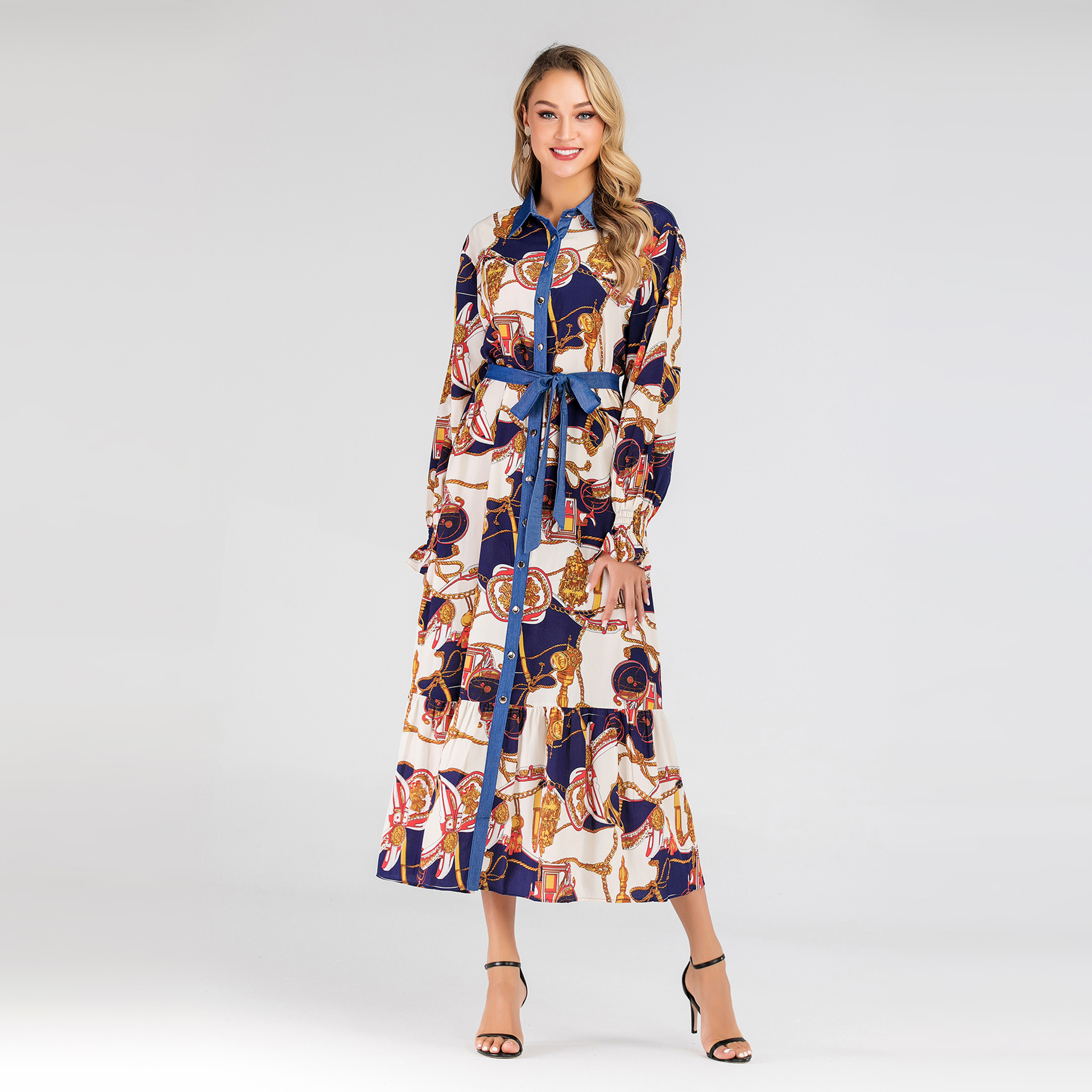 Fashion Middle East Cardigan, Lapel Collar Fashion Printed Full Button Large Size Dress