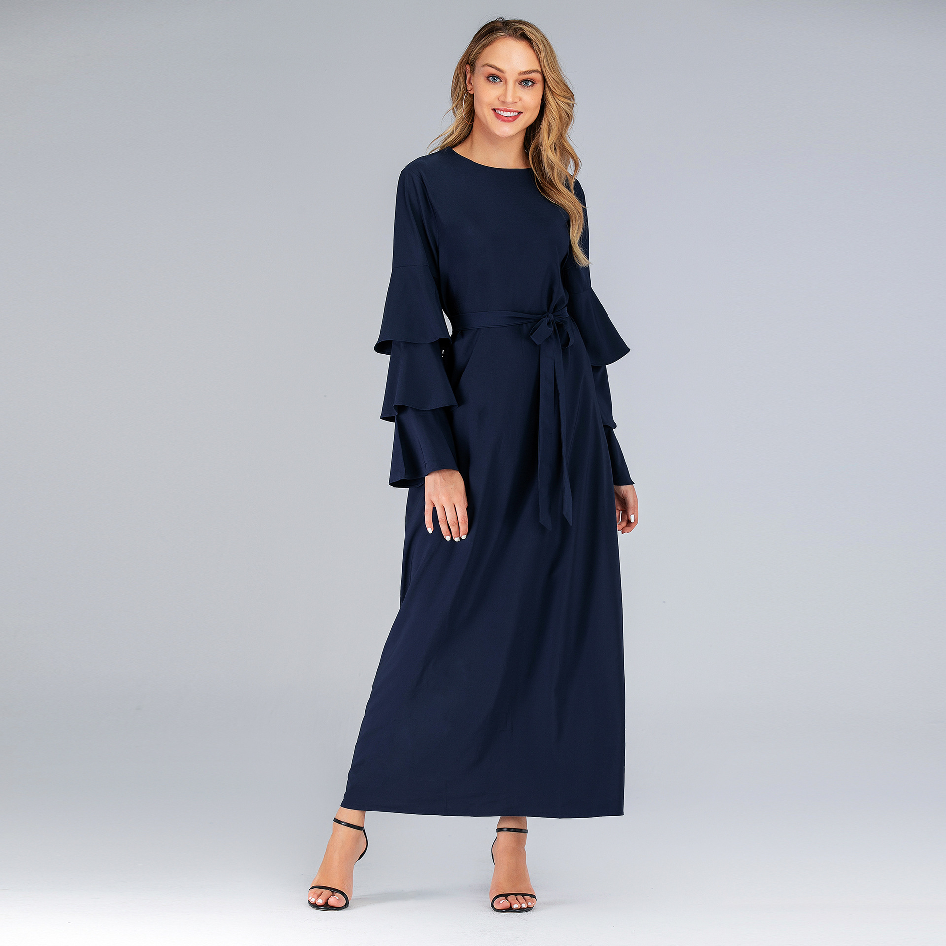European And American Trend Round Neck Loose Tie Multi-layer Pile Long Sleeve Long Dress Women