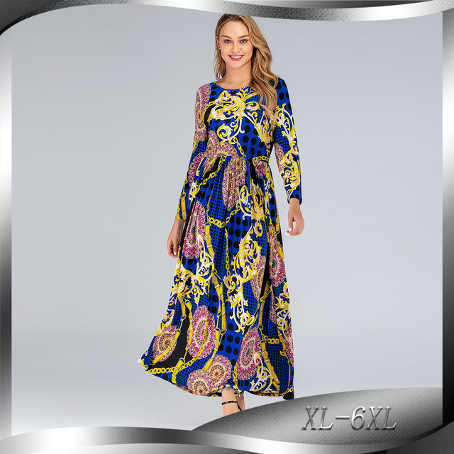 New Fashion Plus Size Dress European And American Slim Long Sleeve Big Swing Beach Dress