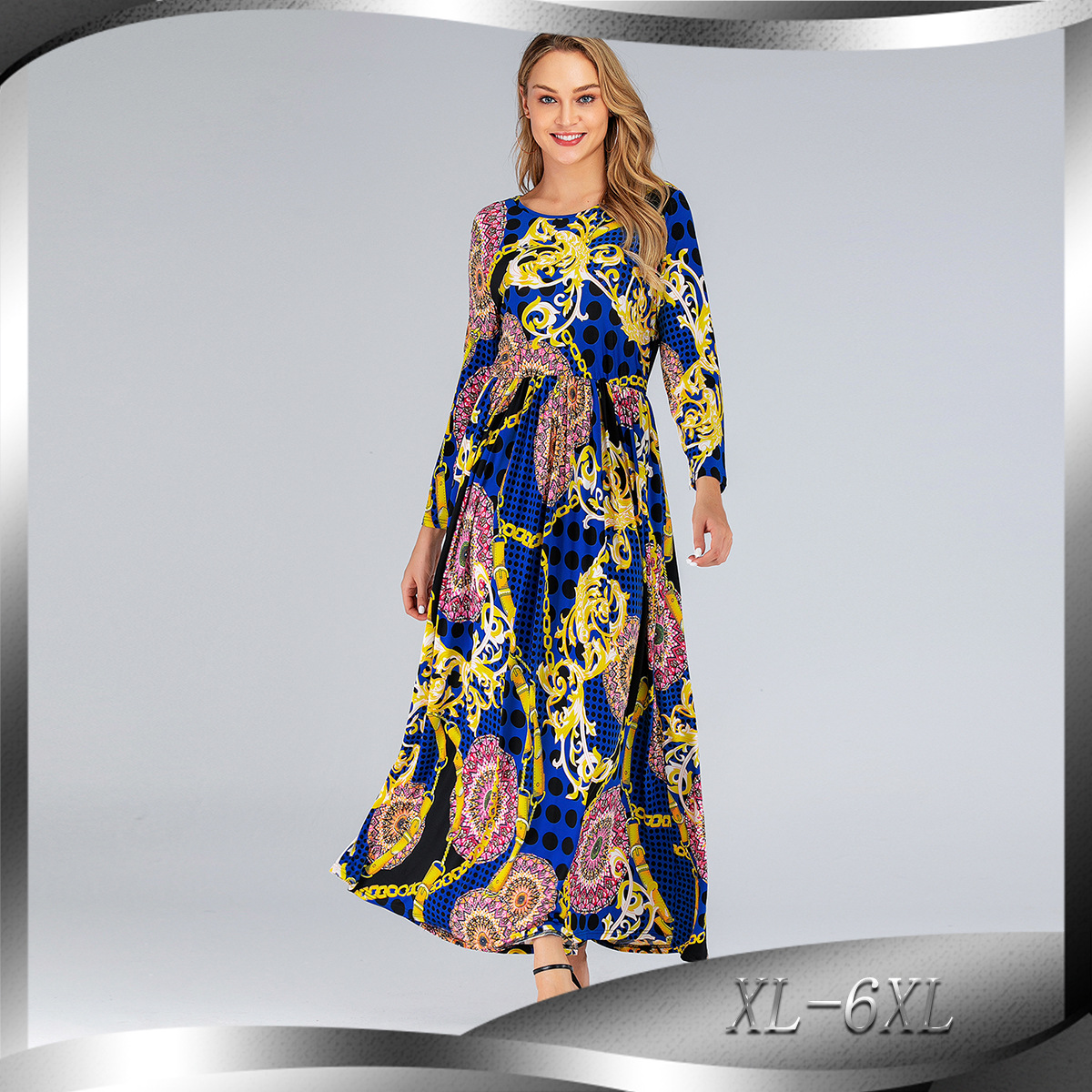 New Fashion Plus Size Dress European And American Slim Long Sleeve Big Swing Beach Dress