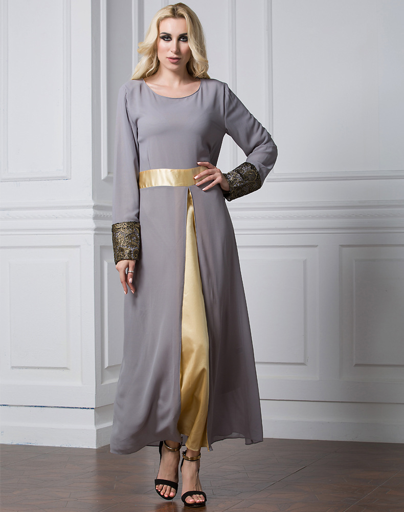 New Fashion Robe Chiffon Satin Hui Muslim Stitching Long-sleeved Dress Full Lining Plus Size