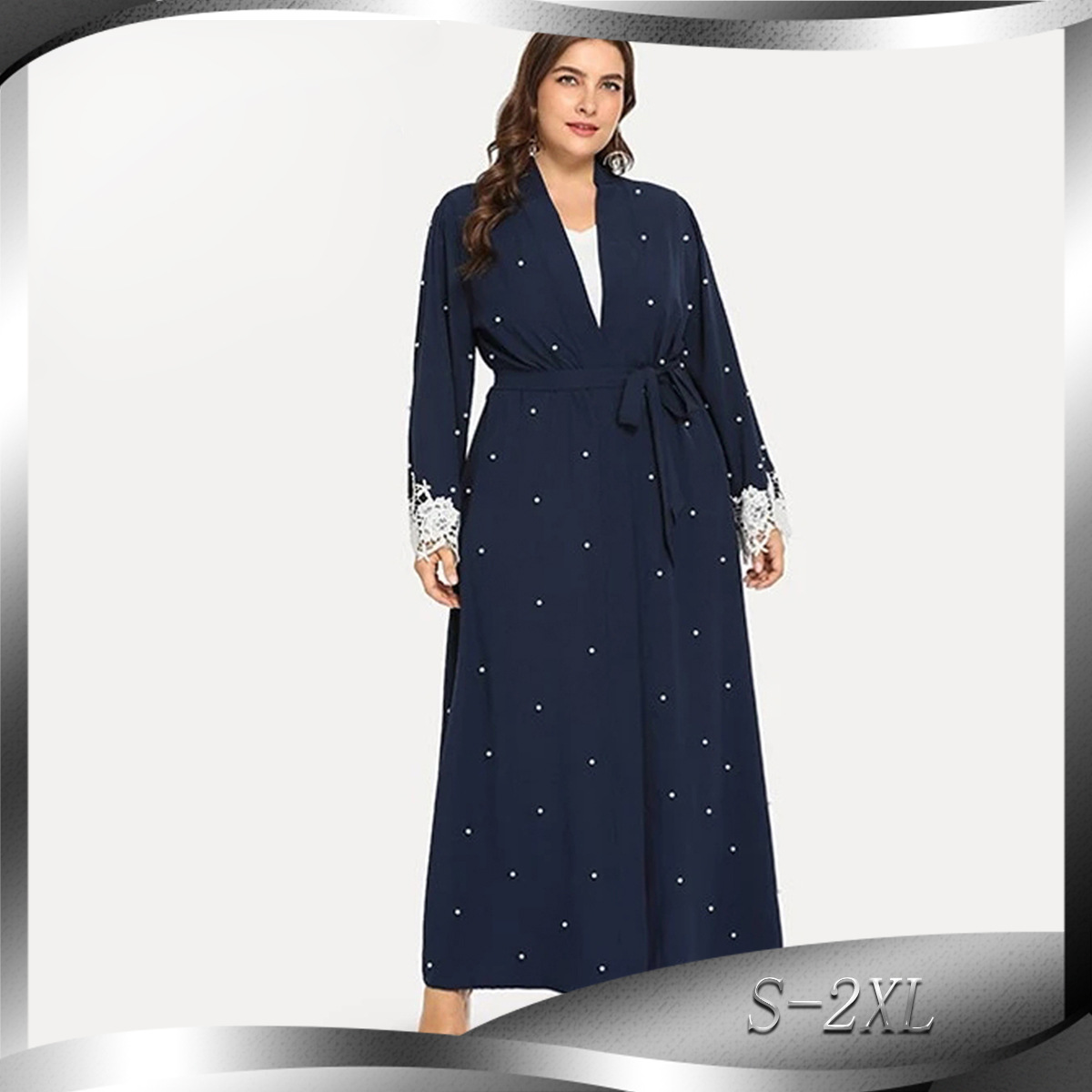 European And American Plus Size Muslim Beaded Lace Stitching Cardigan Lace Robe Women