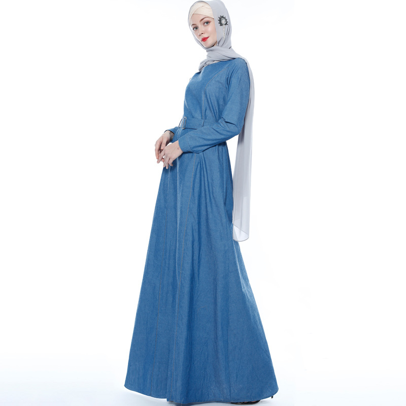 European And American Denim Robe Muslim Women's Lace Up Slim Long-sleeved Dress Abaya Dress