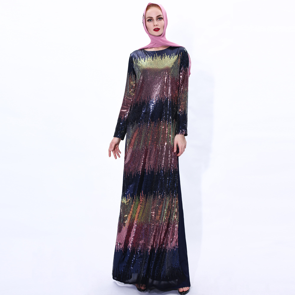 INS Gradient Sequin Long Skirt Muslim Female Ramadan Robe Dress Islamic Gown Cross-border