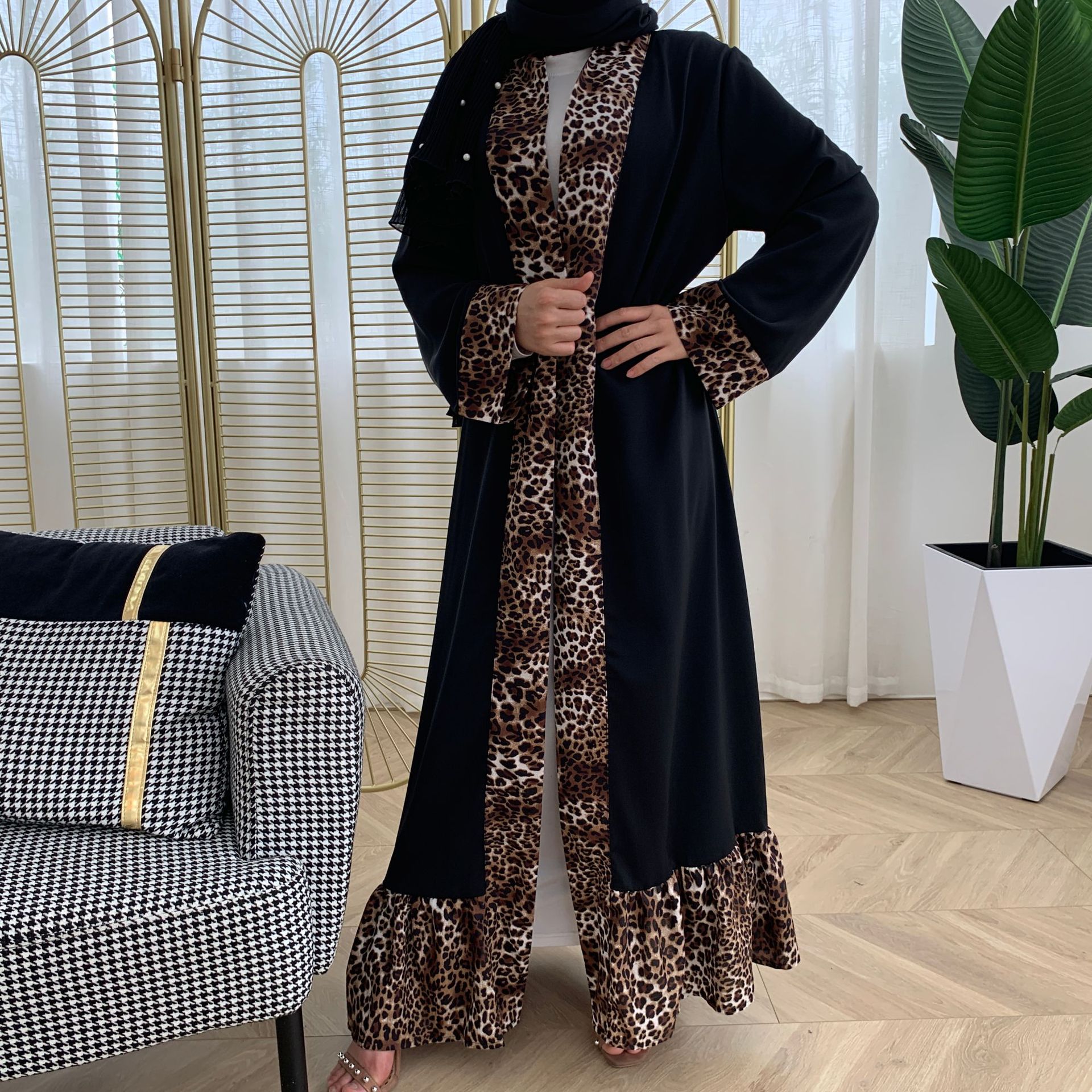 New Women's Leopard Print Stitching Fashion Abaya Cardigan Robe Kimono 