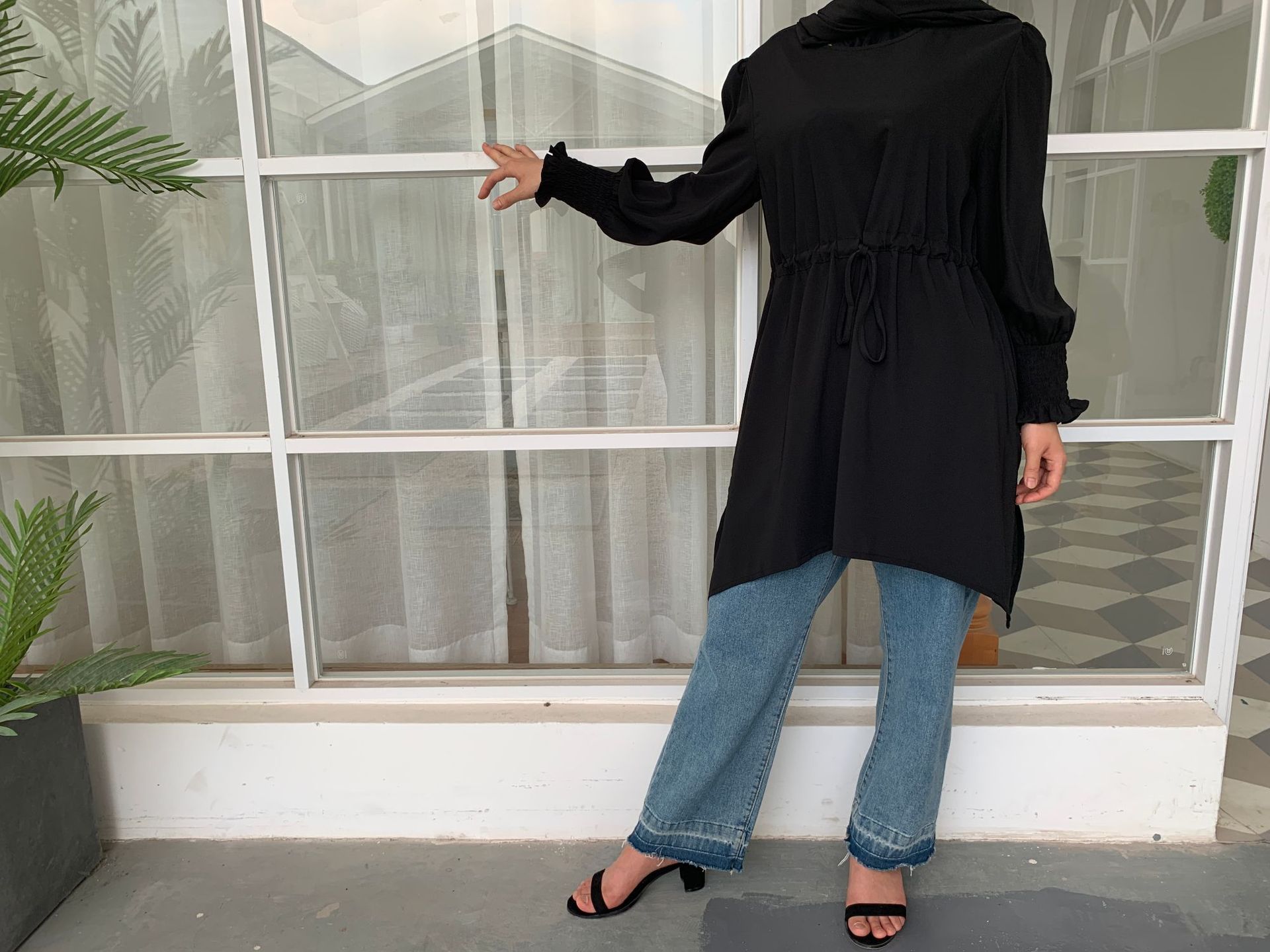 New Style Simple Malaysian Turkish Elastic Color Plus Size Blouse Band Waist Women's Solid